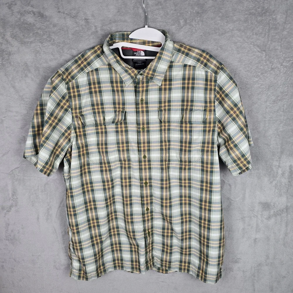 The North Face‎ Mens XL Short Sleeve Plaid Button Down Hiking Shirt Green Yellow